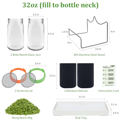 Seed Sprouting Jar Kit with Mung Beans 2.9oz, 2 Large Wide Mouth Mason Jars with Sprouting Lids, Blackout Sleeves, Drain Tray, Sprouts Growing Kit for Growing Bean, Alfalfa, Radish Sprout Seeds - view 2