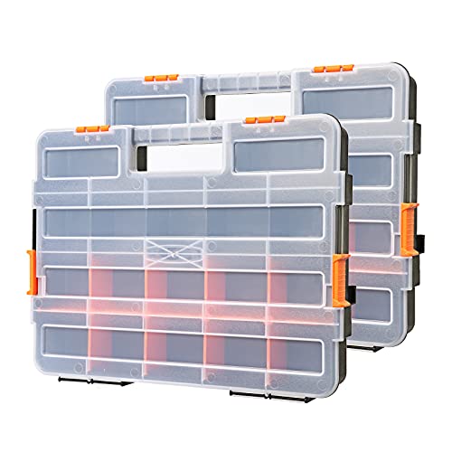 2PCS Toolbox Organizer Sets, 20 Removable Dividers, Durable Plastic Box, Excellent for Screws, Nuts, Small Parts, 34-Compartment, Black/Orange, 2 Pieces Set