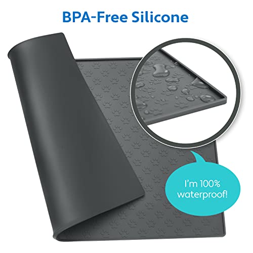 100% Waterproof Dog Food Mat, Raised Edges Silicone Pet Feeding Placemat for Cat, Dogs, Pet Bowls, High Lipped Tray Prevents Water Spills, Food on Floor, Dishwasher Safe, 24x16, Gray - view 3