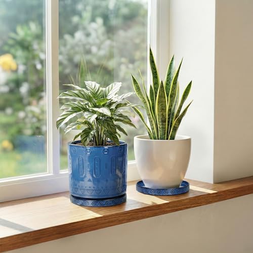 2 Pack 5.6 Inch Flower Pot Saucers, Plant Water Catcher Tray for Indoor Outdoors, Round Plants Plates to Catch Water, Boho Plants Dishes to Catch Water, Decorative Planter Tray, Blue - view 3