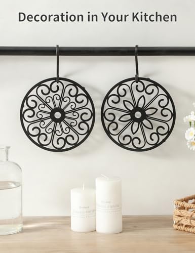 2 Pack Decorative Round Flower Trivets - 7 Inch Iron Pot Pads, Black Elegant Kitchen and Dining Table Protector, Teapot Stands Holders, Metal Plant Holder for Desktop Potted Plant、Small Green Plants - view 4
