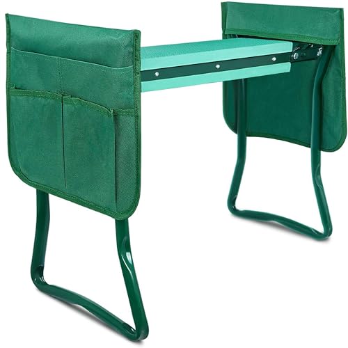 Garden Kneeler and Seat Foldable Kneeling Bench with Sturdy Soft EVA Foam Pad for Outdoor, Fishing, Camping, 2 Tool Pouches Included, Green