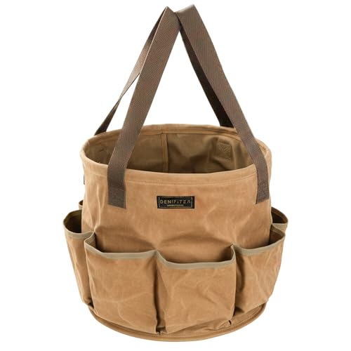 Heavy-Duty 16oz Waxed Canvas Garden Tool Tote with Handle, Wide-Mouth Open Top Design 12.5 inch Tool Bag | Khaki