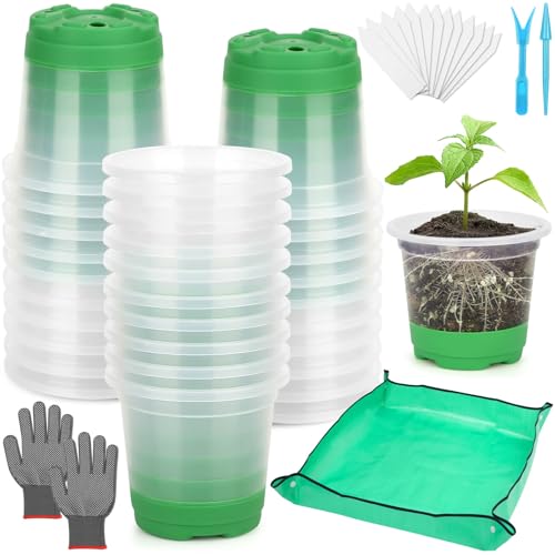 55PCS Reusable Seed Starter Kit Includes 30 Packs 3.5" Clear Nursery Pots with Silicone Base, Repotting Mat, Gardening Gloves, Plant Labels and Seedling Tools for Easy Transplant