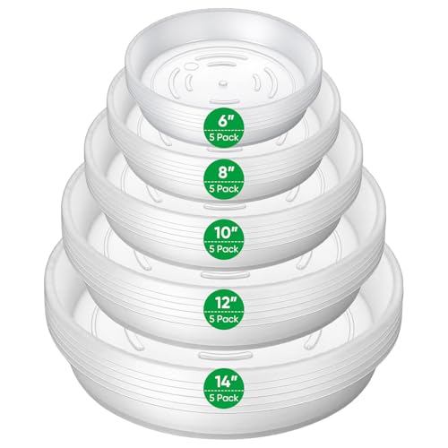 25 Pack Plant Saucer Tray, 6/8 / 10/12 /14 inch Heavy Duty Flower Pot Trays, Plastic Plant Saucer for Indoor & Outdoor Plants, Plant Trays to Catch Water, 5 Pieces of Each Size