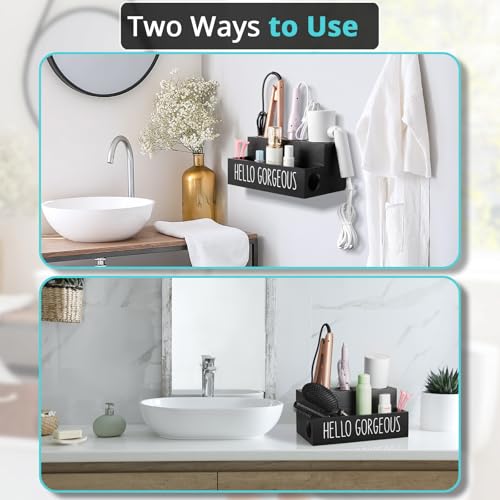 Hair Tool Organizer, Wooden Hair Dryer Holder Countertop, Wall Mount Hot Tools Organizer for Hair Styling Accessories, Bathroom Supplies Vanity Caddy for Curling Wand, Blow Dryer, Black - view 5