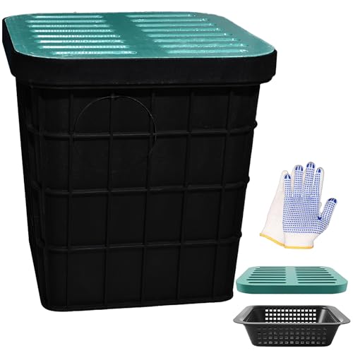Large Drainage Catch Basin with Fiber Glass Grate and Debris Basket, French Drain Catch Basin with No Pre-Drilled Holes for Patios, Downspouts, Lawns, Municipal Plumbing (18x18x15 in)