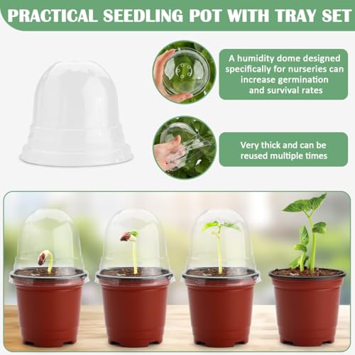 4 Inch 60 Pack Nursery Pots with Humidity Domes & 5 Pack 12 Cell Round Seedling Pot Carrying Trays, Sturdy Seeds Starter Pot Germination Set, Small Planter Nursery Propagation 5 Sets - view 4