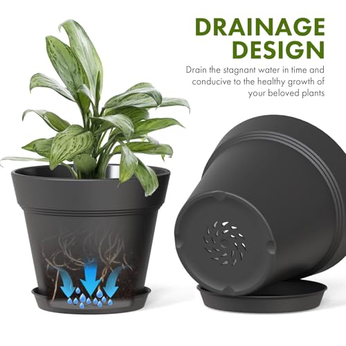 4 Inch Plastic Plant Pots with Drainage Holes and Trays – 8 Pack Small Nursery Pots for Indoor & Outdoor House Plants and Flowers, Seedling Starter Planters, Matte Black - view 4