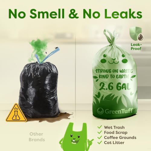 2.6 Gallon Compostable Trash Bags (100 Count) — Thick 0.7 Mil Small Compost Bin Liners — Leak-Resistant Plant-Based Food Scrap Bags for Countertop Kitchen Compost Pails — ASTM D6400 BPI Certified - view 5