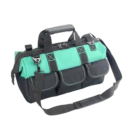 Women Garden Tools Bag 16inch Wide Mouth Tool Bag with Molded Base and Plastic-Padded, Inside Pockets for Tool Storage and Organization,600D polyester fabric (Teal color)