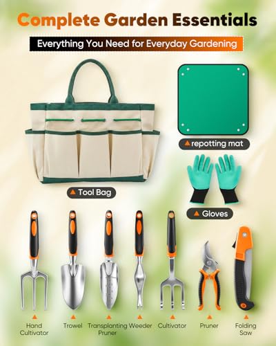 Garden Tool Set Gardening Tools - Heavy Duty Aluminum Tool Kit with Non-Slip Handle, Gardening Gloves and Tool Bag for Weeding, Planting and Pruning, Gifts for Women Mom (Orange Set) - view 2