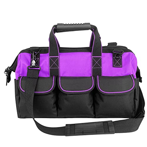 Garden Tools Bag 16 inch Wide Mouth Tool Bag with Molded Base Tool Tote for Women, Heavy Duty,600D polyester fabric (Purple color)