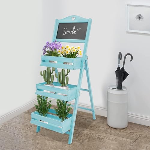 Wooden 3-Tier Plant Stand with Chalkboard Ladder Shelf - view 2
