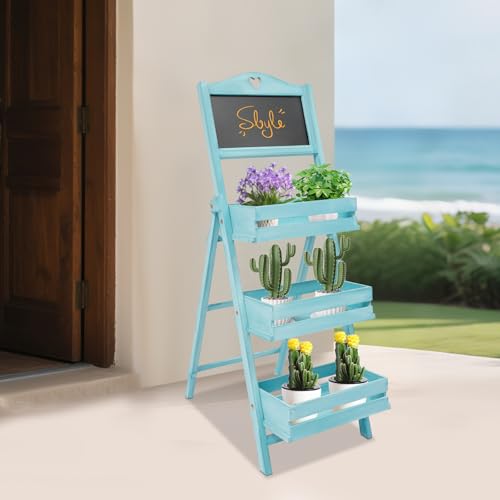 Wooden 3-Tier Plant Stand with Chalkboard Ladder Shelf - view 3