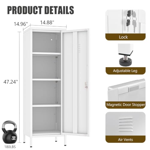 Metal Locker Cabinet, 47"H Home Office Storage Lockers, Vertical Steel Storage Cabinet with Locking Door and 3 Adjustable Shelves, Garage Tool File Cabinets for Home Office,Garage,Bathroom, White - view 3