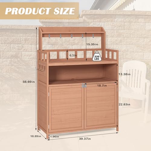 Potting Bench Gardening Table Wooden Planting Workstation with Storage Cabinet, Top Shelf, Hooks, Raised Guardrail, Lockable Doors for Patio Backyard Greenhouse Yard Supplies Organizer - view 7