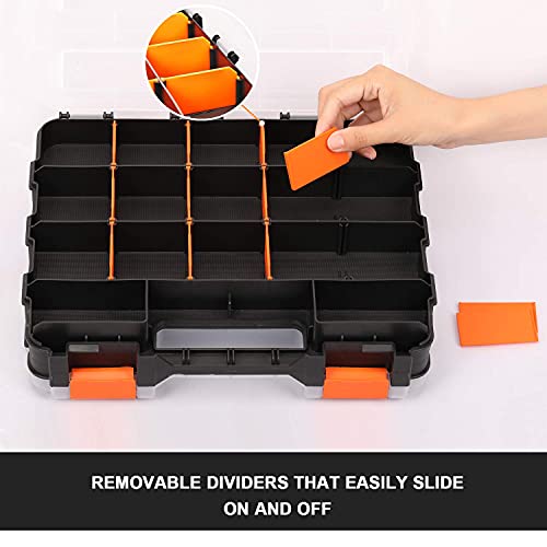 Double Side Tools Organizer, Customizable Removable Plastic Dividers, Hardware Box Storage, Excellent for Screws,Nuts,Small Parts, 34-Compartment, Black/Orange,12.6"L x 10.6"W x 3.2"H - view 6