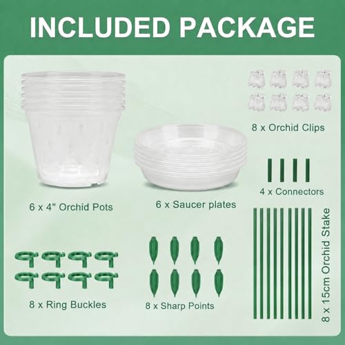Orchid Pot -6 Pack 4 Inch Orchid Pots with Holes and Saucers, Clear Plastic Plant Pots with 8 Support Stakes and Clips, Orchid Repotting Kit for Indoor Plants - view 3