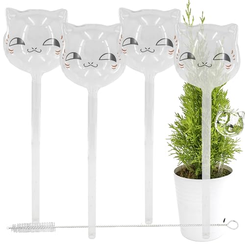 Aqua Glass Plant Watering Globes Automatic Self Watering Plant Insert Spike Orbs - Indoor Outdoor Plant Drip Irrigation - For Flowers, Herbs, Houseplants (Cat Kitten Globes, 4, Units)