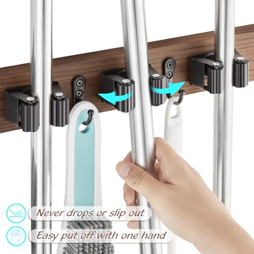 Mop and Broom Holder Wall Mount - Wood Broom Mop Hanger - Wall Mounted Garden Tool Rack Organizer for Closet Garage Laundry Room for Rustic Kitchen Decor With 5 Slots & 4 Hooks - view 3