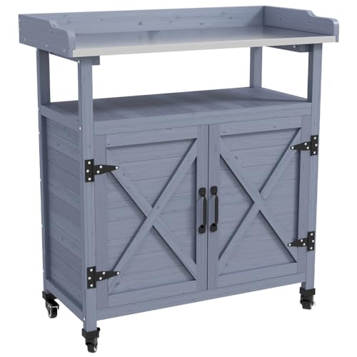 Outdoor Potting Bench, Gray Wood Table with Cabinet and Aluminum Top
