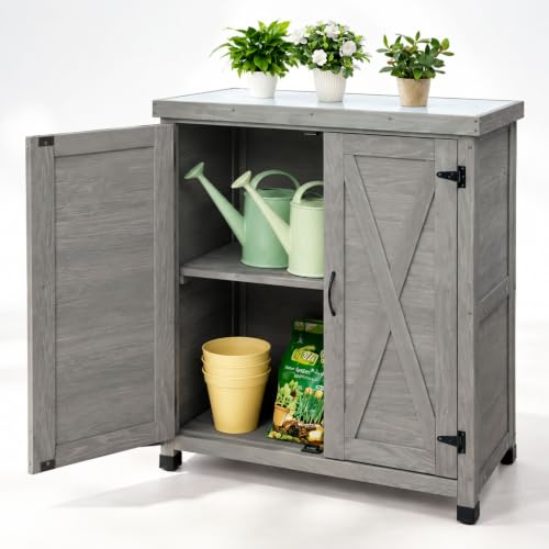 Outdoor Garden Potting Bench with Metal Tabletop and Storage Cabinet