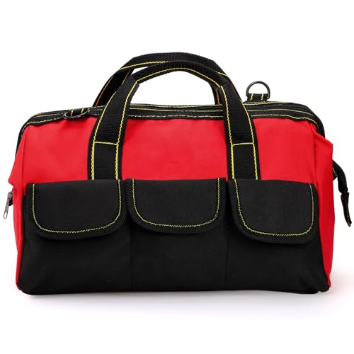 16 Inch Wide Mouth Tool Bag, Collapsible Tool Tote with Waterproof Coating and Adjustable Strap, Portable Electrician Tool Organizer Handbag with 5 Outside Pockets, Red - view 4