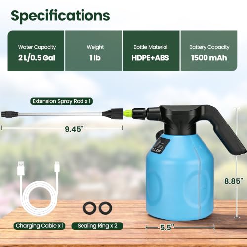 Electric Spray Bottle 2L/0.5 Gallon, 3 Speed Adjustable Battery Powered Garden Sprayer, Rechargeable Automatic Plant Mister with Adjustable Nozzle for Indoor/Outdoor Plants - view 6