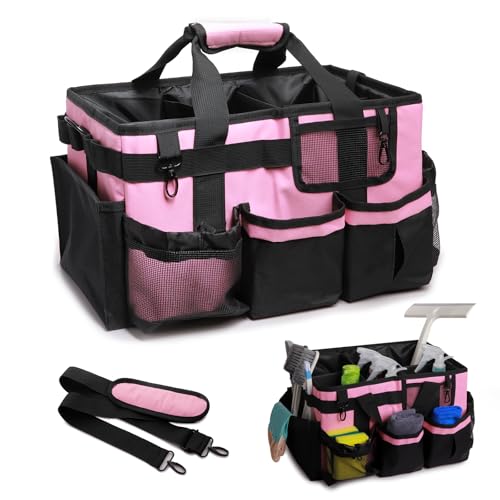 Large Wearable Cleaning Caddy Bag, Pink Tool Bag with Adjustable Shoulder Straps & Divider, 14 inch Cleaning Supplies Organizer for Housekeepers & Cleaners