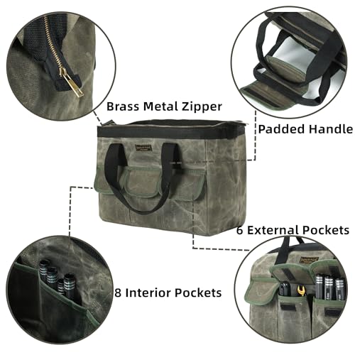 15 Inch Tool Bag, Heavy Duty Waxed Canvas Wide Mouth Water-Resistant Tool Pouch, Garden Tool Tote with 15 Pockets | ArmyGreen - view 3