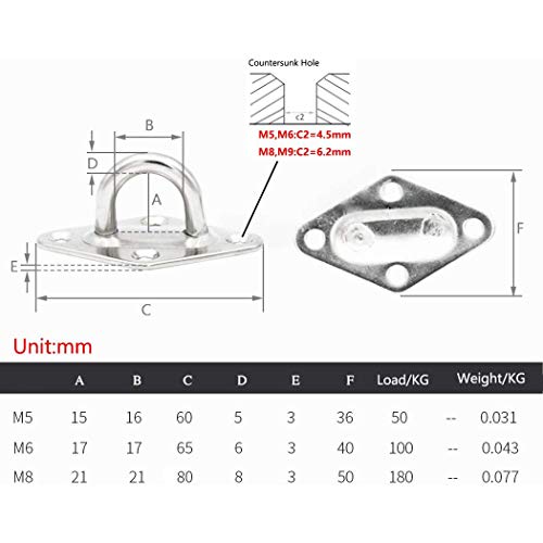 Ceiling Wall Mount Hook Heavy Duty Anchor Diamond Pad Eye Plate 5mm 3/16" 304 Stainless Steel Great for Yoga Swings Hammocks/Boat Rigging/Marine Deck Hardware/Suspension Training Straps - view 4