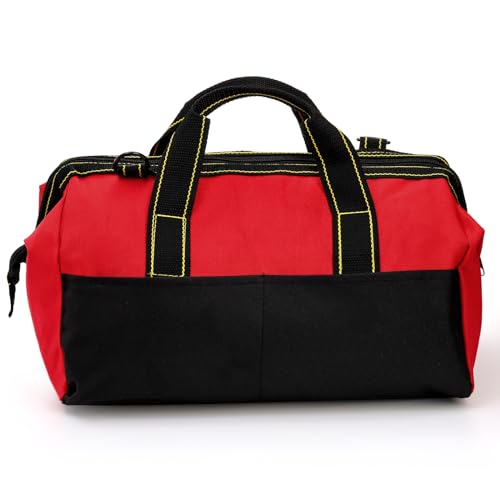 16 Inch Wide Mouth Tool Bag, Collapsible Tool Tote with Waterproof Coating and Adjustable Strap, Portable Electrician Tool Organizer Handbag with 5 Outside Pockets, Red - view 3