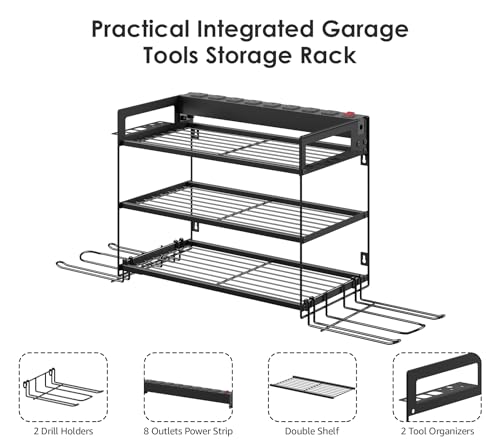 Garage Tools Storage with Charging Station. Power Tool Battery Organizer Utility Shelf with Power Strip. 4 Drills Holder Wall Mount Rack, Black 3 Layer. - view 4