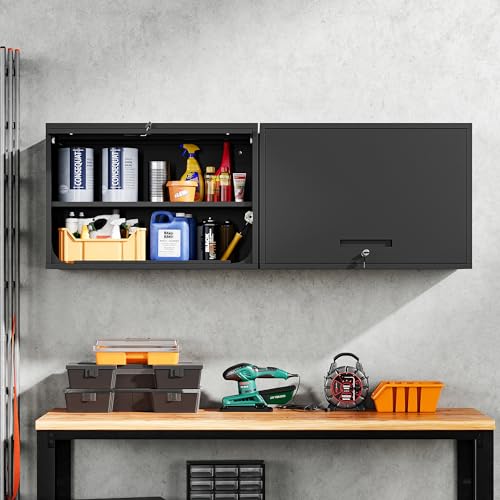 Metal Garage Wall Cabinet with Doors and Shelves, Wall Mounted Metal Storage Cabinet, Floating Garage Tool Cabinet for Garage, Basement, Kitchen, Warehouse (Black, 21.6" H) - view 2