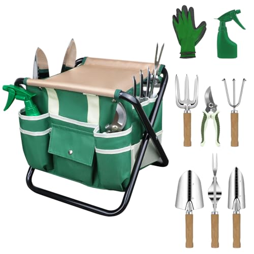Garden Tool Set,10 Pieces Heavy Duty Gardenting Tool Kit, Folding Stool with Detachable Tote Bag, Thicker Stainless Steel Tools (Trans-Planter,Trowel,Weeder etc.) for Women Men