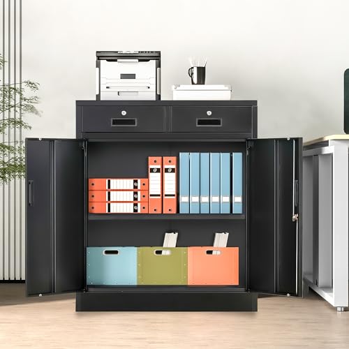 Metal Storage Cabinet, 36" H Locking Storage Cabinet with 2 Drawers and Adjustable Shelf, Metal Cabinets for Office, Garage, Home-Black - view 2