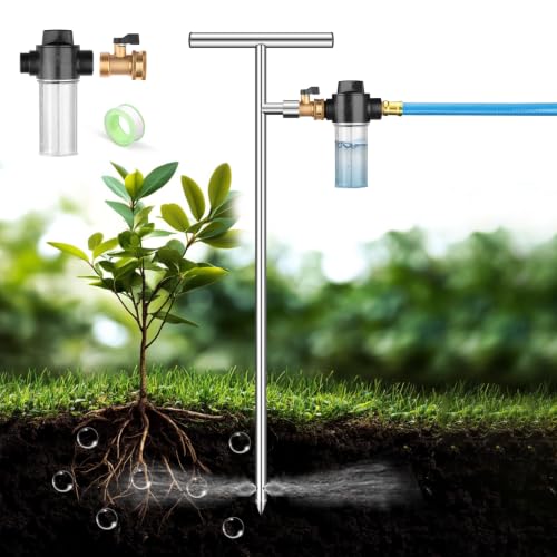 Deep Root Watering Tool for Trees - Stainless Steel Root Feeder with Fertilizer Bottle, Watering Wand Irrigation System with Brass Valve T-Handle for Garden, Orchard & Shrubs Irrigation Growth System