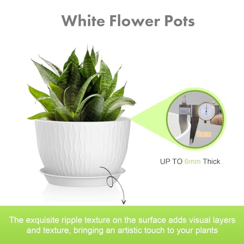 12/10/9 inch Large Plant Pots, 3 Pack Wide Flower Pots for Outdoor Indoor Plants with Water Ripples, Big Plastic Planters with Drainage Holes and Saucers for Garden House Plants, White - view 3