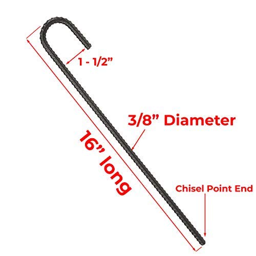 16” Ground Rebar Stakes (8pcs) Heavy Duty J Hook Ground Anchors, Curved Steel Plant Support Garden Stake with Chisel Point end, Hammer Through Hard Soil for Camping Tent - Black Powder Coated - view 3