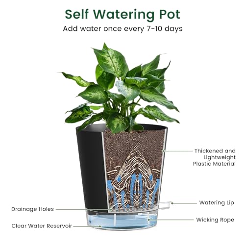Self Watering Pots Set of 7 – Assorted Size 4" to 8" Indoor Plant Pots with Drainage Holes and Clear Reservoir for Visible Water Level, Plastic Wicking Planter for House Plants & Flower, Black - view 4