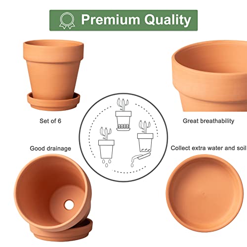 4 Inch Terracotta Pots with Saucer - 6 Pack Small Clay Plant Pots with Drainage Holes, Flower Pots with Tray, Terra Cotta Pots for Indoor Outdoor Plants, Crafts, Wedding Favor - view 3