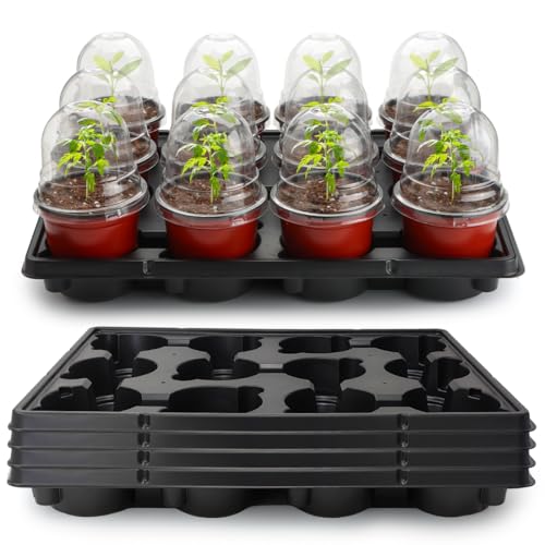 4 Inch 60 Pack Nursery Pots with Humidity Domes & 5 Pack 12 Cell Round Seedling Pot Carrying Trays, Sturdy Seeds Starter Pot Germination Set, Small Planter Nursery Propagation 5 Sets