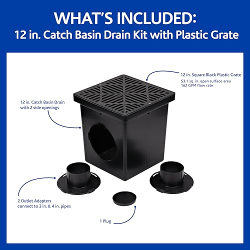 1200BKITRTL1PK Square Catch Basin Drain Kit with 2-Opening Catch Basin Drain, 2 Adapters, 1 Outlet Plug, and 1 Plastic Drain Grate, 12-Inch, for Lawns, Landscaped Areas, Black - view 2