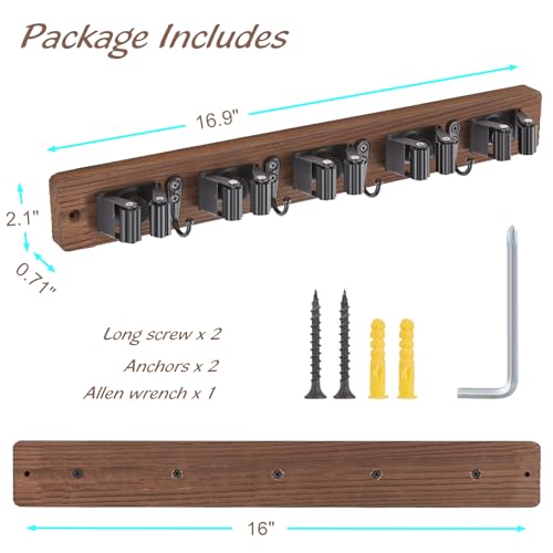 Mop and Broom Holder Wall Mount - Wood Broom Mop Hanger - Wall Mounted Garden Tool Rack Organizer for Closet Garage Laundry Room for Rustic Kitchen Decor With 5 Slots & 4 Hooks - view 6