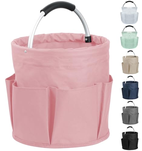 17L Portable Shower Caddy with 6 Side Pockets, Foldable Cleaning Supply Caddy with Handle, Garden Tool Bag in 600D Oxford Fabric, Multifunctional Storage Basket for Showers, Picnics, Pink