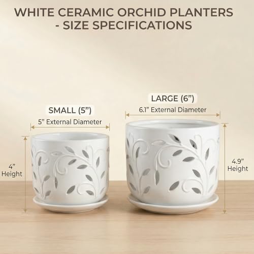 Ceramic Orchid Pots 5+6 Inch White with Drainage Holes & Tray, Breathable Airflow, Indoor & Outdoor - view 2