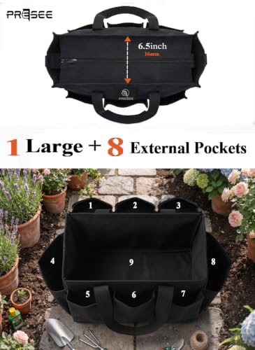 Garden Tool Bag with 9 Pockets & Shoulder Strap, Heavy Duty Gardening Tote Organizer for Tools, Gloves & Supplies, Black - view 5