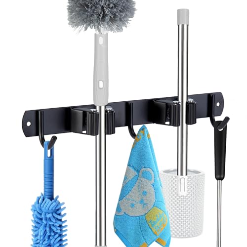 2 Racks and 3 Hooks Mop and Broom Holder Wall Mount, Self Adhesive Heavy Duty Broom Organizer Storage Tool Racks for Kitchen Garden Laundry Garage