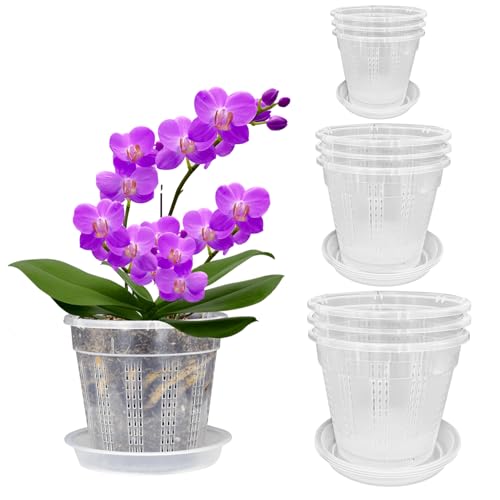 Orchid Pot with Saucers, 3 Each of 4.3",5.5",6.1" Orchid Pots with Holes,9 Pack Clear Planter for Indoor Outdoor Plants (3 Each of 4.3",5.5",6.1" with Saucers)